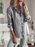 Women's Striped Stand-Collar Blouse - Ruffled Trim, Long Sleeves, Button-Front Top, Elegant Style Piece for Everyday Casual Commuting, Pair with Jeans