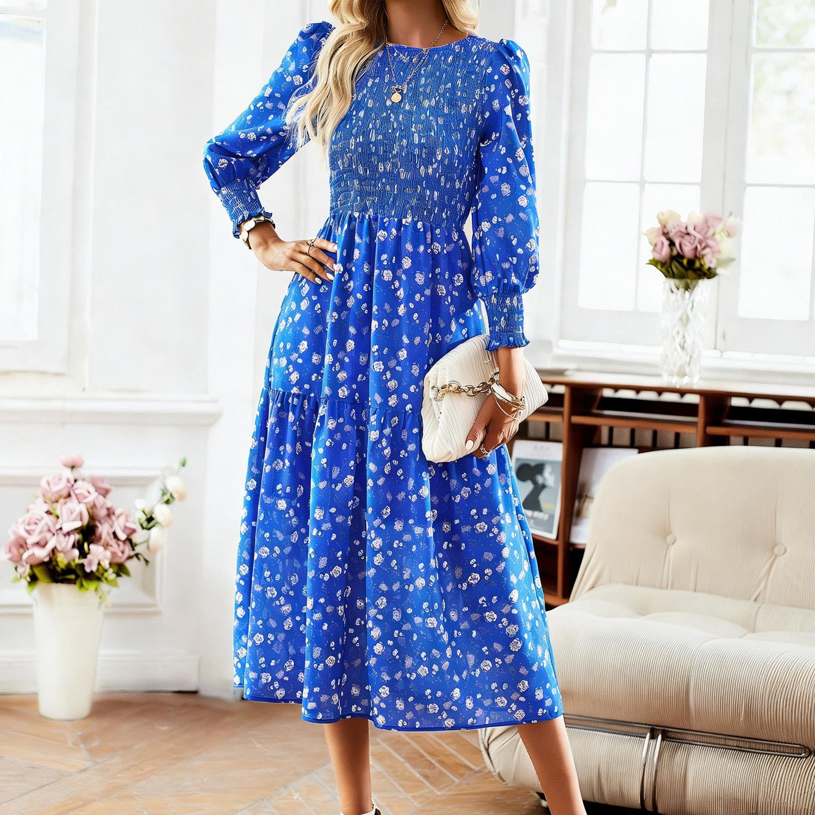 Women's Chic Traditional Colorful Flower Print Casual Boho Ruffle A-Line Mid-Length Dress - Round Neck, Shirred, Beach Wear, Womens Dresses,sohochic