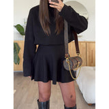 Women's Feminine Elegant 2-Piece Turtleneck Knit Outfit Set - Oversized Long Sleeve Soft Basic Sweater Top, High Waist Flared Mini Skirt for Fall Winter Casual Wear