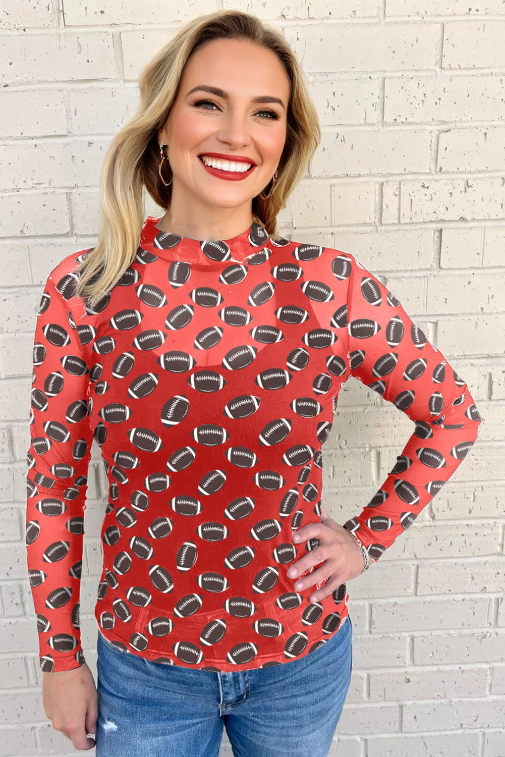 Black Game Day Rugby Mesh Sheer Long Sleeve Top