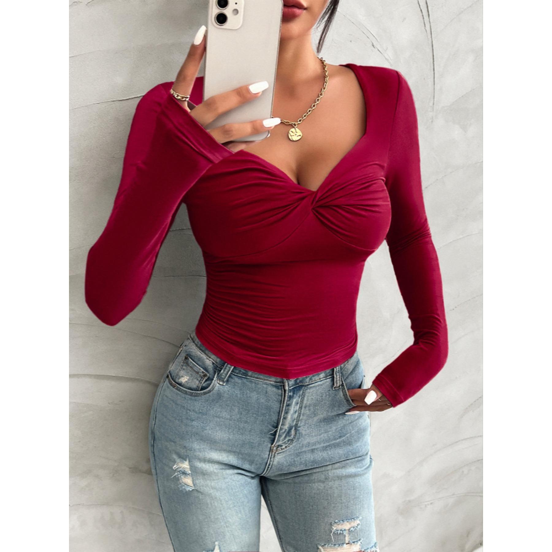 Twist Front V Neck Long Sleeve Top for Women, Slim Fit Thumb Hole Solid Crop Tee, Stretchy Basic Going Out Shirt