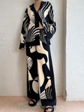 Women's Printed Button Blouse Pants Set