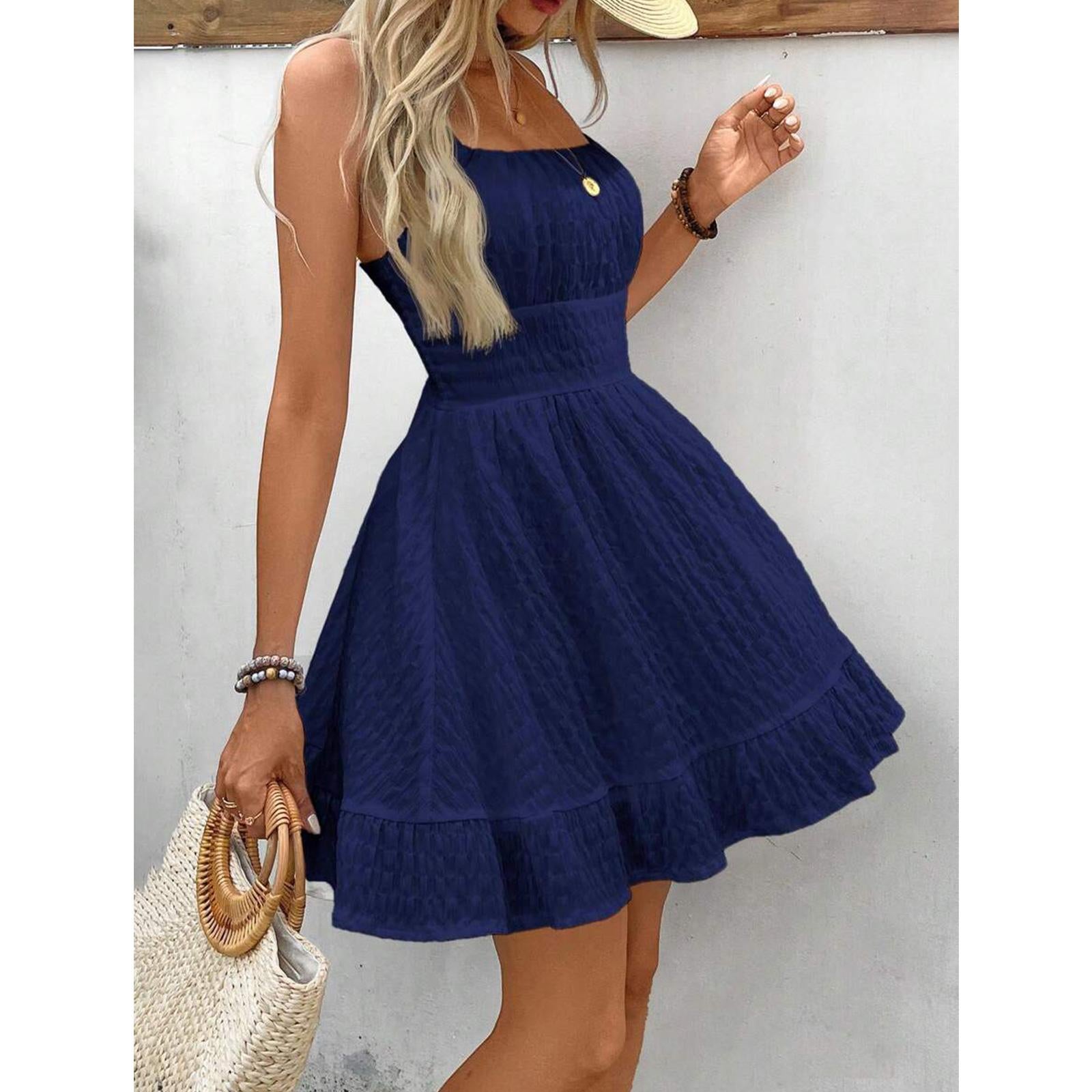 Women Square Neck Spaghetti Strap Mini Dress, Smocked Waist Textured Ruffle Hem A-line Summer Sundress for Beach Vacation