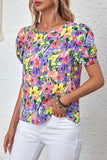 Purple Floral Print Puff Short Sleeve Crew Neck Blouse