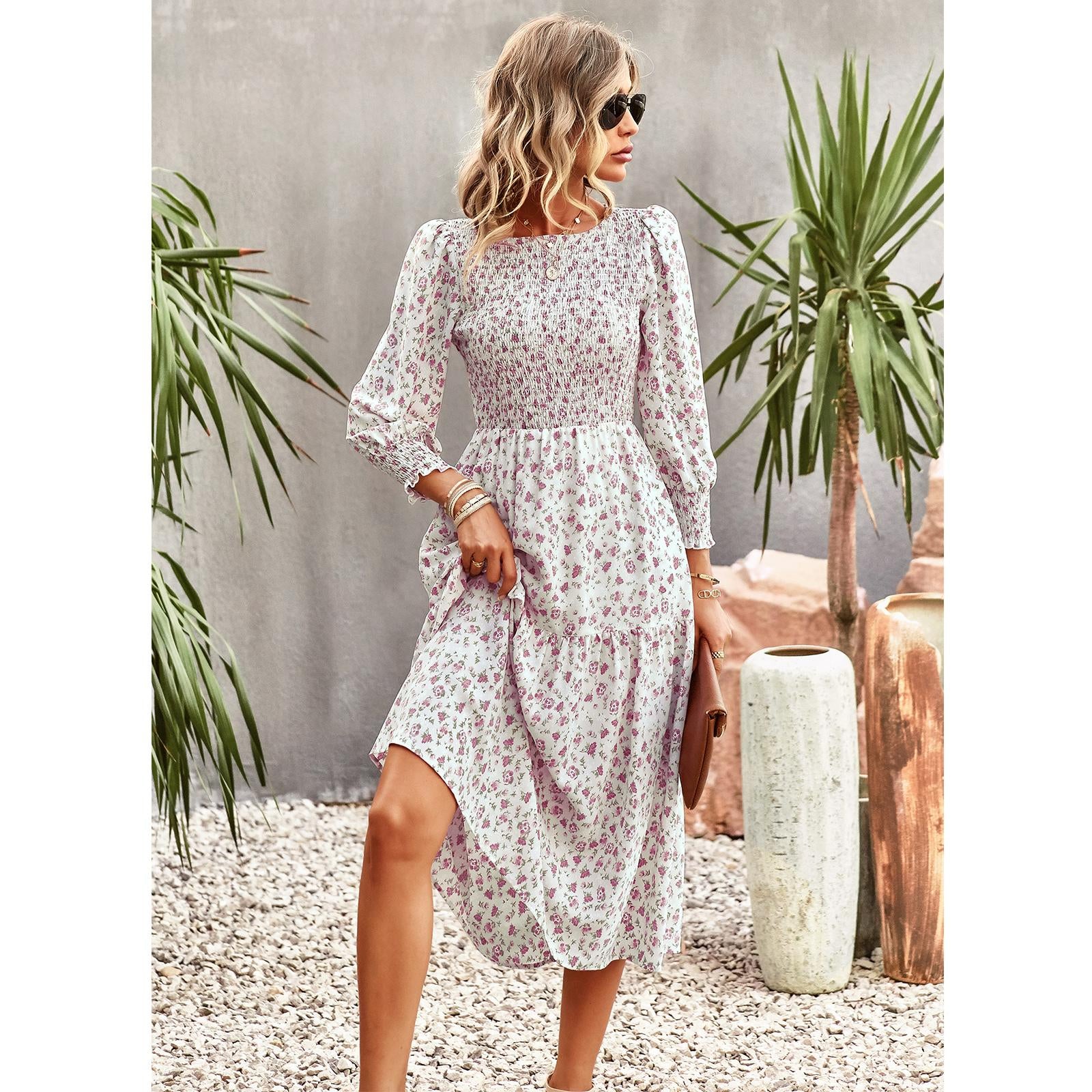Women's Chic Traditional Colorful Flower Print Casual Boho Ruffle A-Line Mid-Length Dress - Round Neck, Shirred, Beach Wear, Womens Dresses,sohochic
