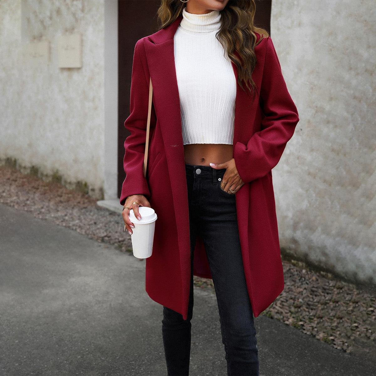Women Lapel Open Front Mid Length Wool Blend Coat, Elegant Long Sleeve Casual Outerwear for Fall Winter, 2 Colors Wine Red / Black
