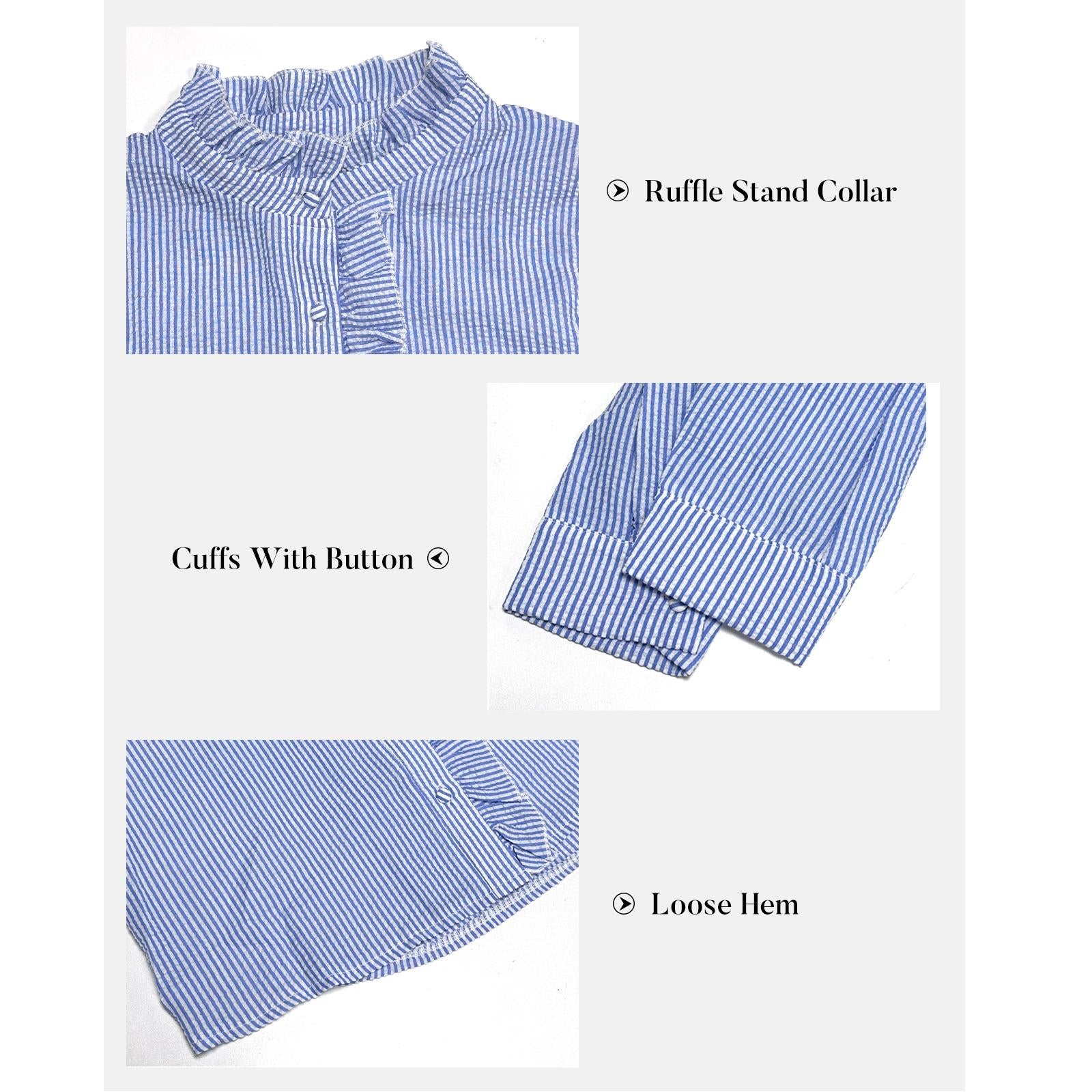 Women's Striped Stand-Collar Blouse - Ruffled Trim, Long Sleeves, Button-Front Top, Elegant Style Piece for Everyday Casual Commuting, Pair with Jeans