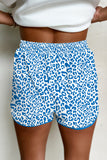 Blue Leopard Elastic Waistband Lace up Contrast Trim Casual Shorts