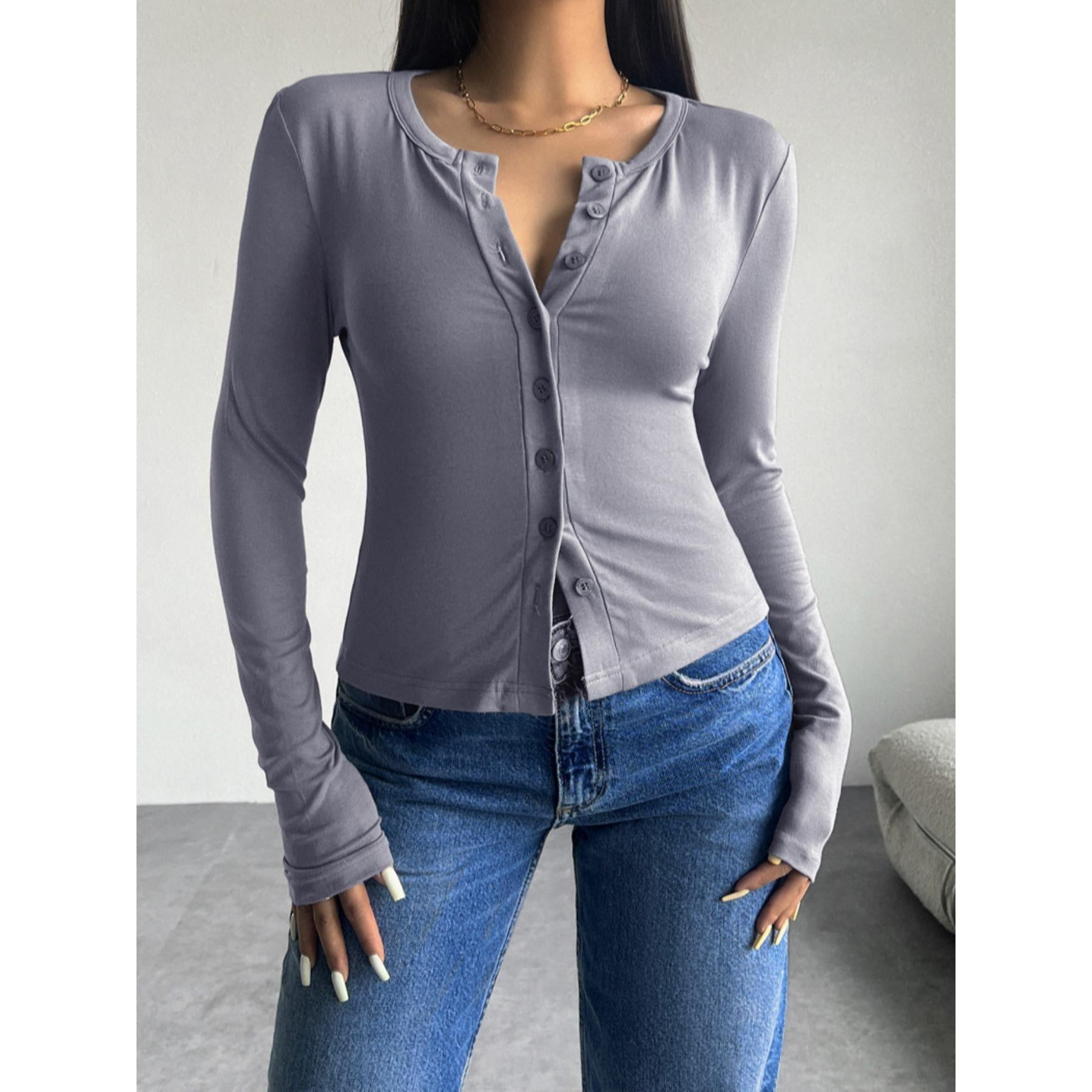 Women's Henley Neck Button-Down Long-Sleeve Cropped Blouse