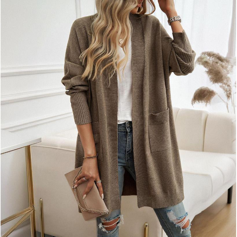 Women Long Open Front Knit Cardigan, Oversized Batwing Sleeve Sweater Coat with Pockets, Casual Loose Mid-Length Outerwear for Fall Winter