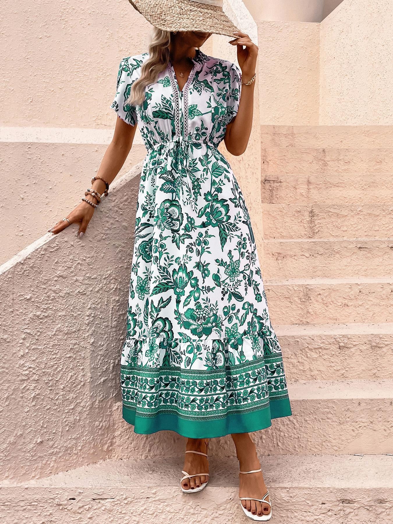 Women's Polyester Boho Floral Graphic Casual Dress - Short Sleeve, V-Neck, Adjustable Waist, Ruffle Hem - Summer Vacation Wear, Floral Graphic Casual Dresses
