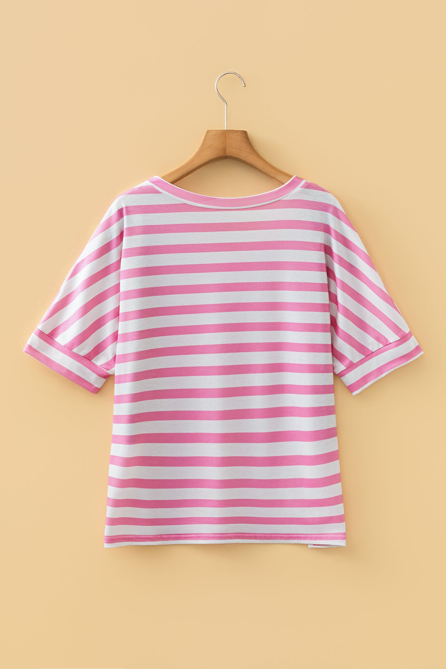 Pink Stripe V Neck Patched Pocket Casual T Shirt