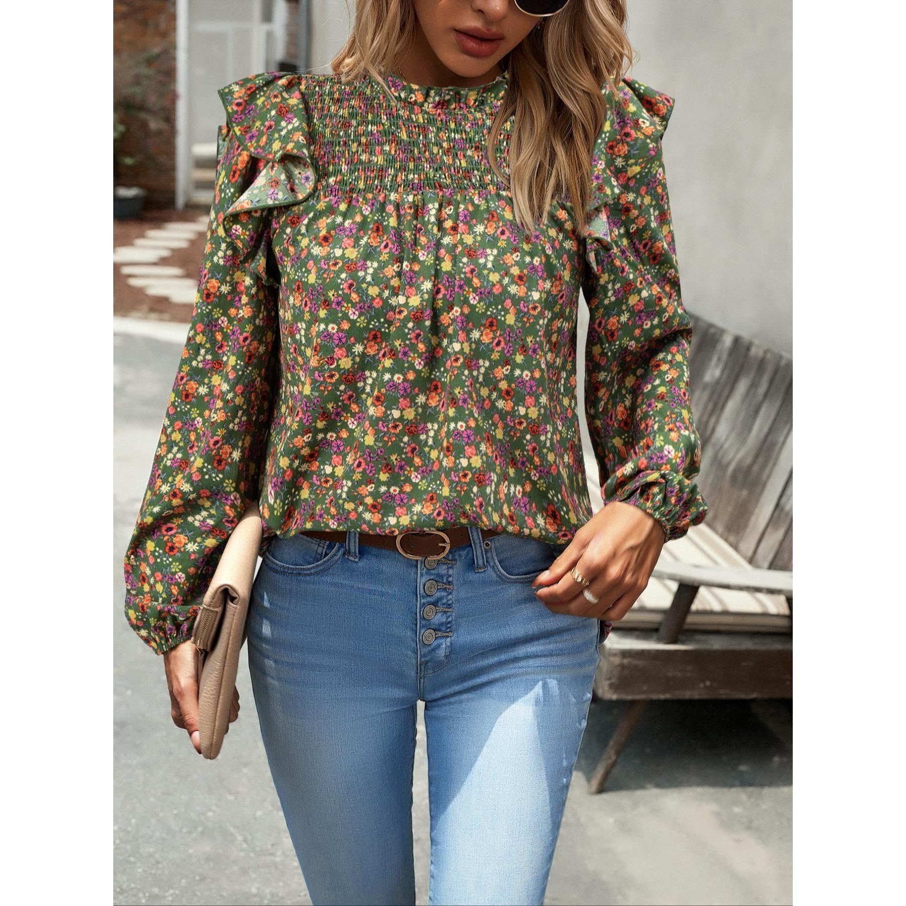 Women's Gorgeous Ditsy Floral Print Polyester Blouse - Smocked Mock Neck, Ruffle Balloon Long Sleeves, Everyday Bohemian Casual Shirt