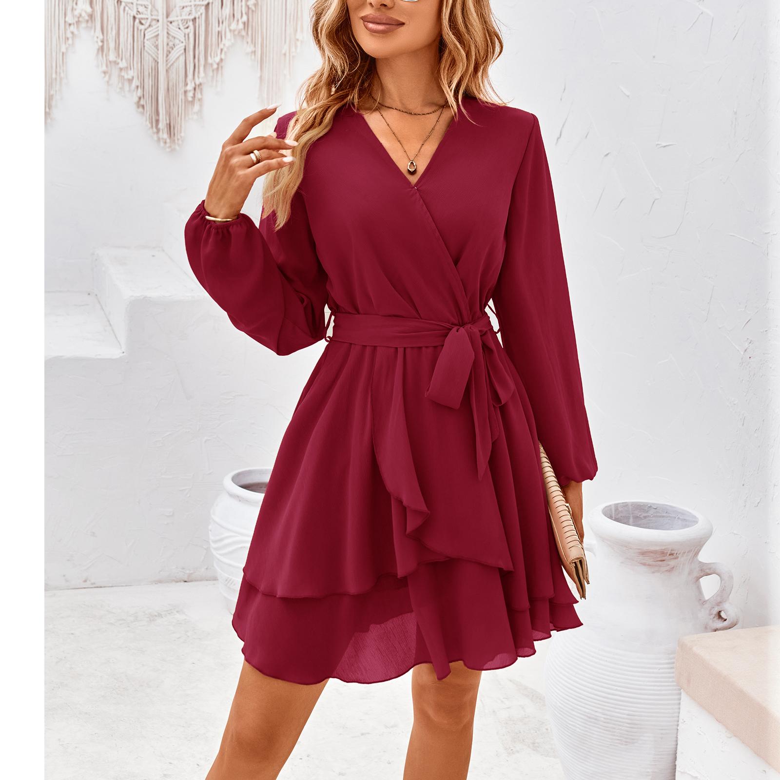 Women's Breathable Chic V-Neck Wrap Lantern Long-Sleeve Chiffon Dress - Belt Tie Waist, Layered Ruffle A-Line Mini Dress for Day, Evening, Casual Cocktail Occasions (Emerald Option Available)