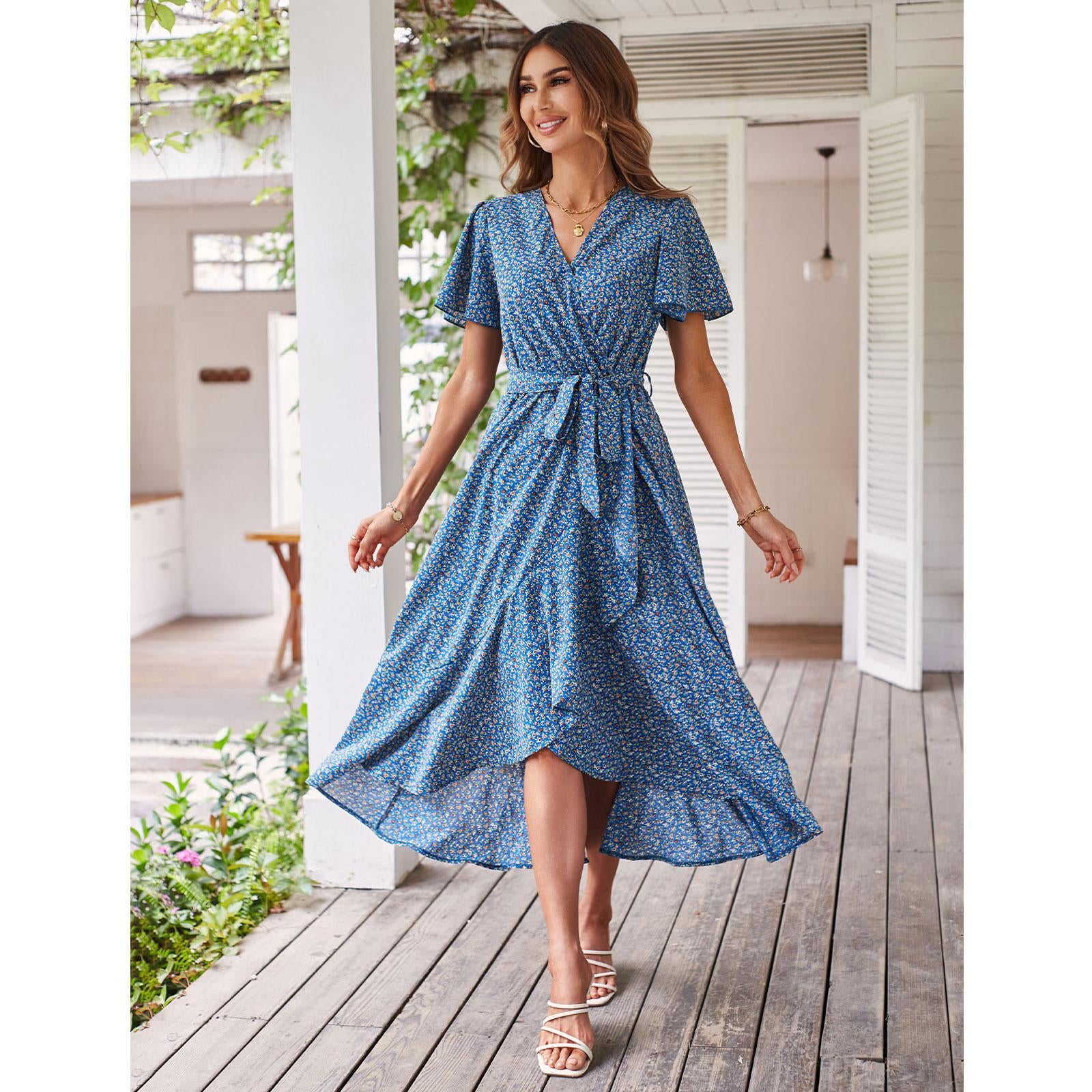 Women's Fitted V-Neck Floral Wrap Casual Midi Dress - Flutter Short Sleeves, Tie Waist, Irregular Ruffle Hem, Gorgeous Bohemian Fabric for Summer Beach Wear
