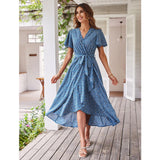 Women's Fitted V-Neck Floral Wrap Casual Midi Dress - Flutter Short Sleeves, Tie Waist, Irregular Ruffle Hem, Gorgeous Bohemian Fabric for Summer Beach Wear