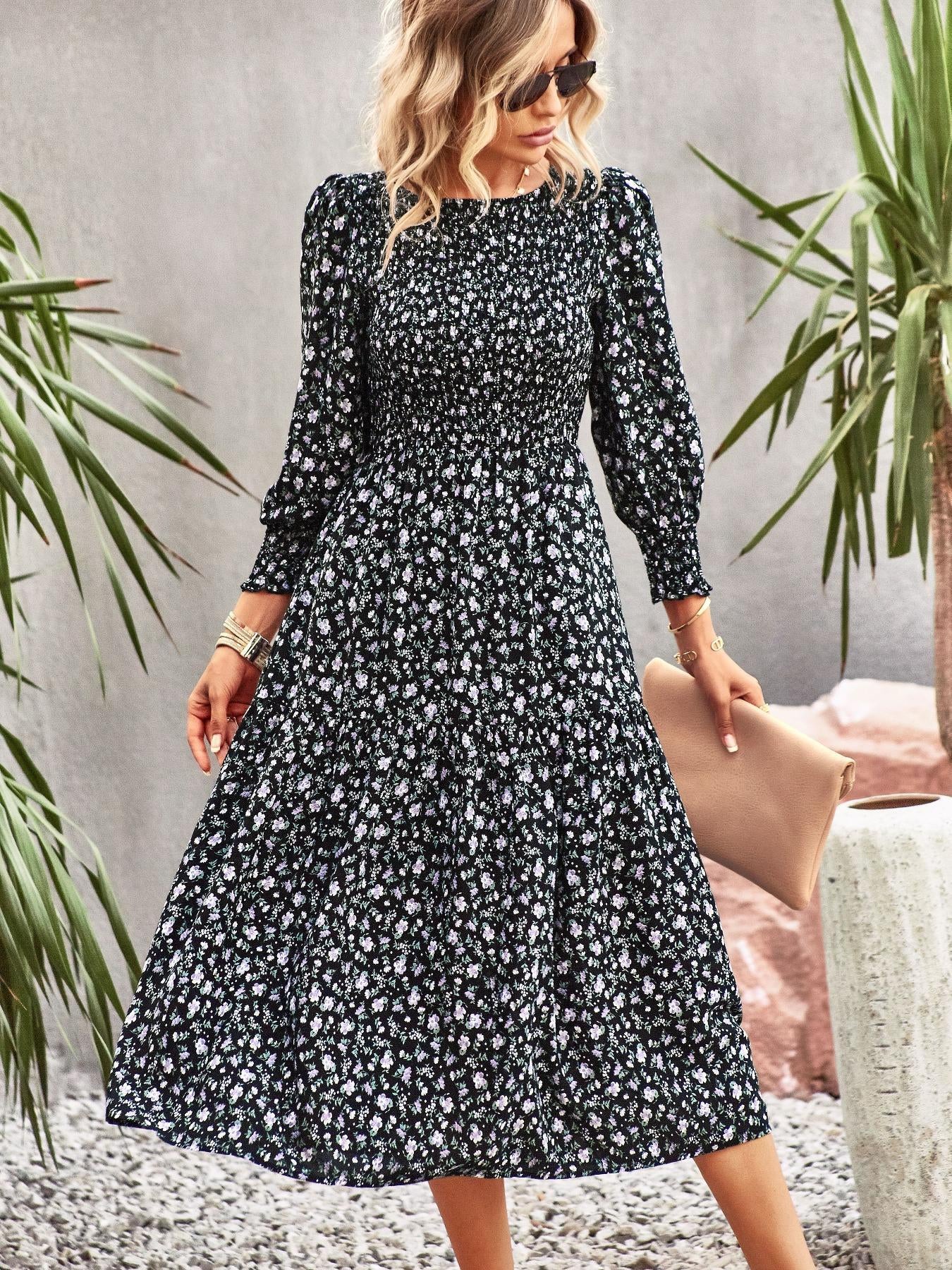 Women's Chic Traditional Colorful Flower Print Casual Boho Ruffle A-Line Mid-Length Dress - Round Neck, Shirred, Beach Wear, Womens Dresses,sohochic