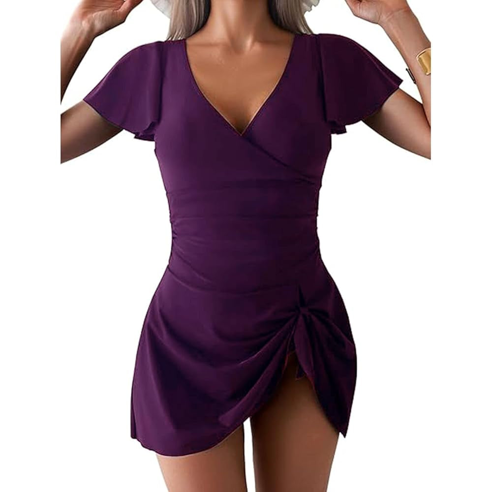 Women's V-Neck Flounce Short-Sleeve Tummy-Control Ruched-Waist Modest 1-Piece Swim Dress, Swimsuit for Women, Ideal for Beach & Pool