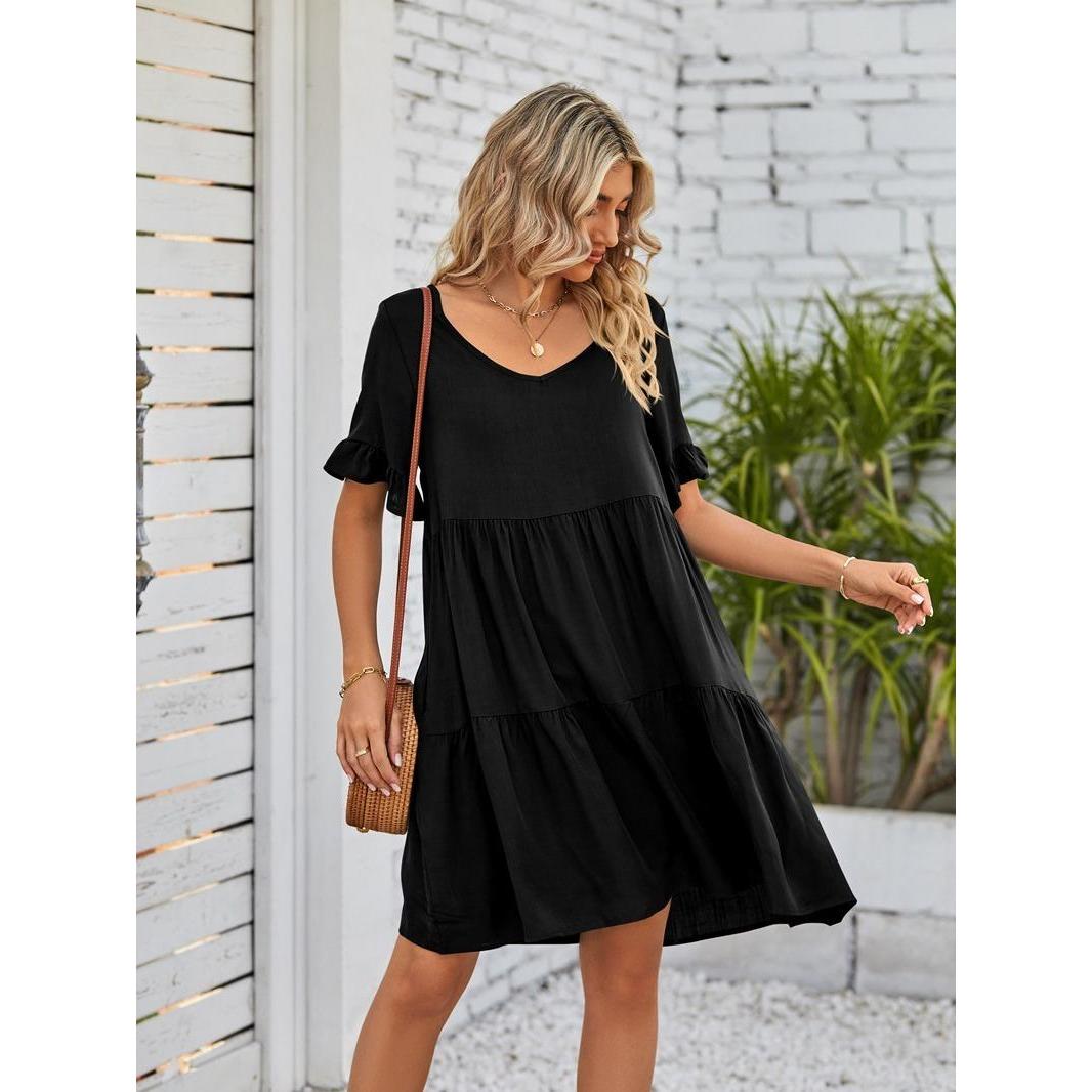 Women's Oversized Minimalist V-Neck Ruffle Short-Sleeve Tiered Midi Dress - Lightweight Soft Basic Breathable Fabric, Feminine Casual Summer Wear