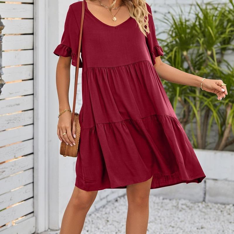 Women's Oversized Minimalist V-Neck Ruffle Short-Sleeve Tiered Midi Dress - Lightweight Soft Basic Breathable Fabric, Feminine Casual Summer Wear
