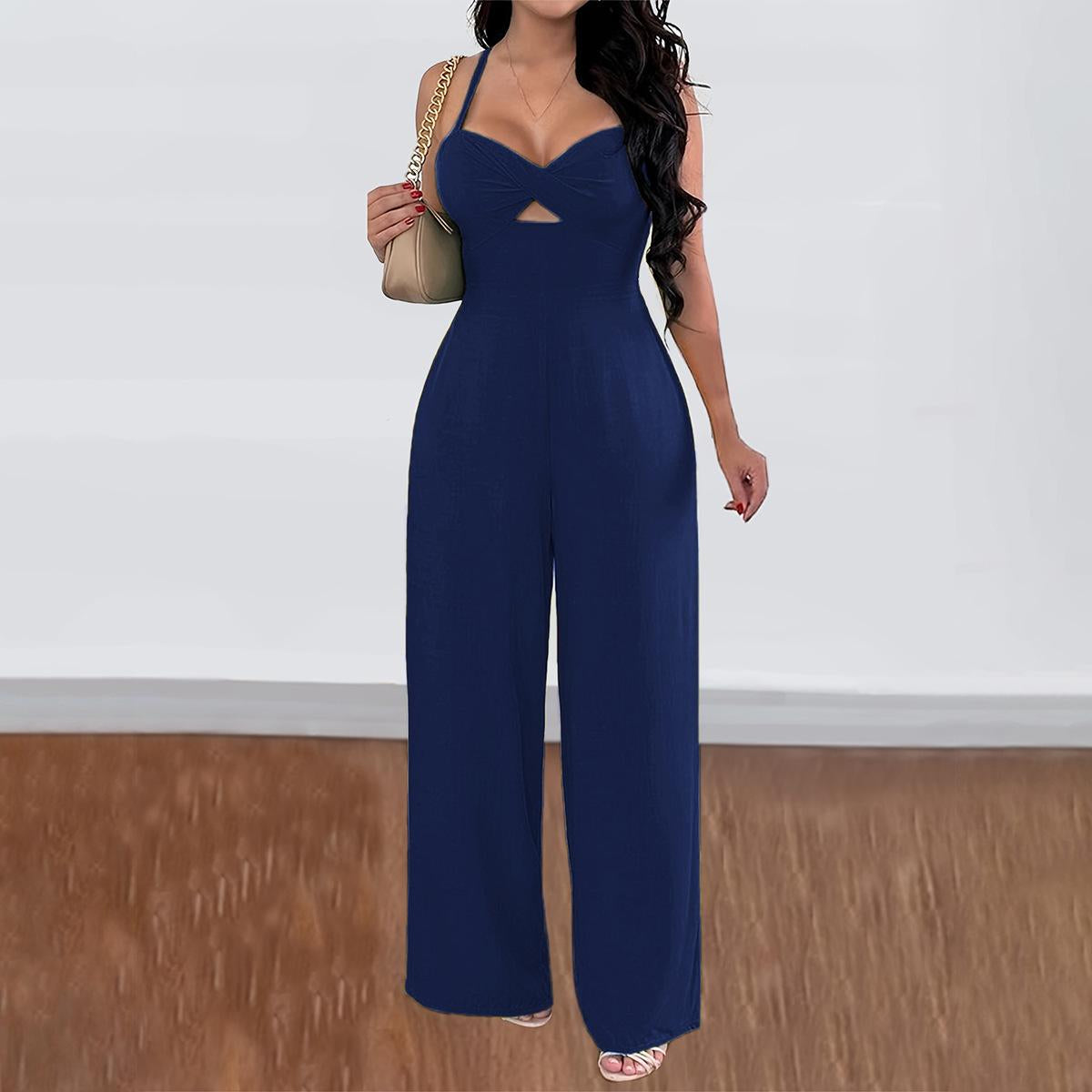 Women Spaghetti Strap Jumpsuit Twist Front Cutout Criss Cross Tie Back Wide Leg Elastic Waist Sleeveless Summer Party Romper