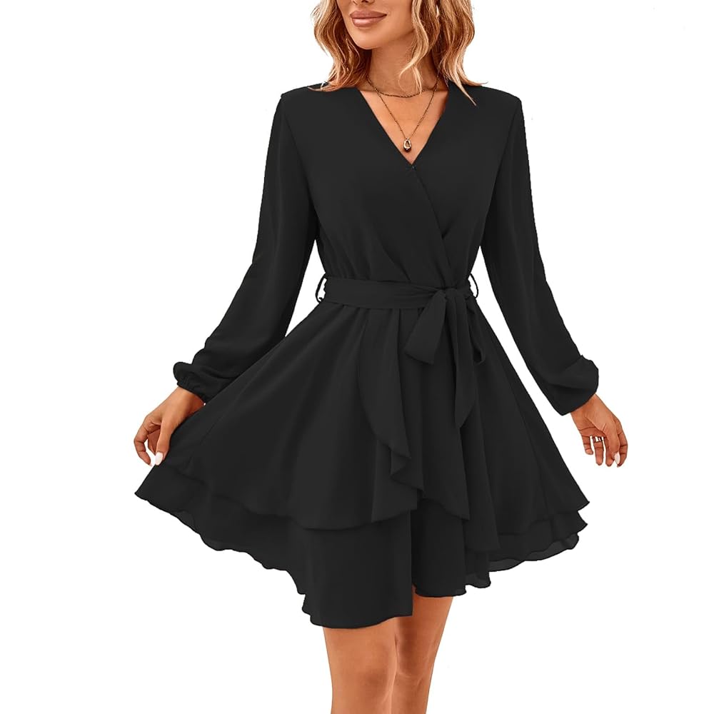 Women's Breathable Chic V-Neck Wrap Lantern Long-Sleeve Chiffon Dress - Belt Tie Waist, Layered Ruffle A-Line Mini Dress for Day, Evening, Casual Cocktail Occasions (Emerald Option Available)