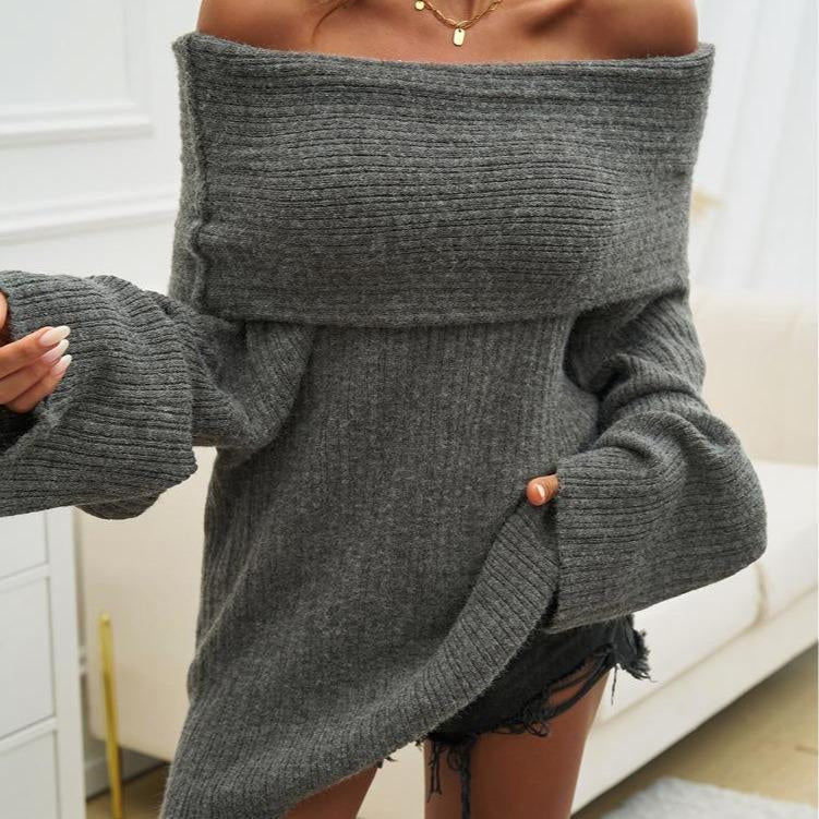 Women's Sexy Off-Shoulder Fold-Over Knit Sweater - Soft Fabric, Loose Fit, Oversized Long-Sleeve Ribbed Pullover for Fall Winter Tops