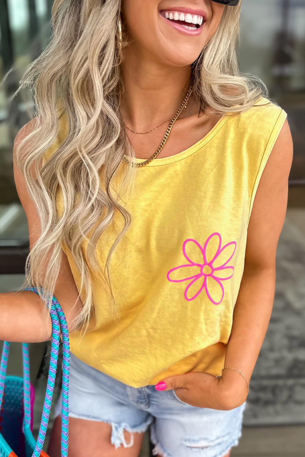 Yellow Cream Flower Graphic Casual Tank Top