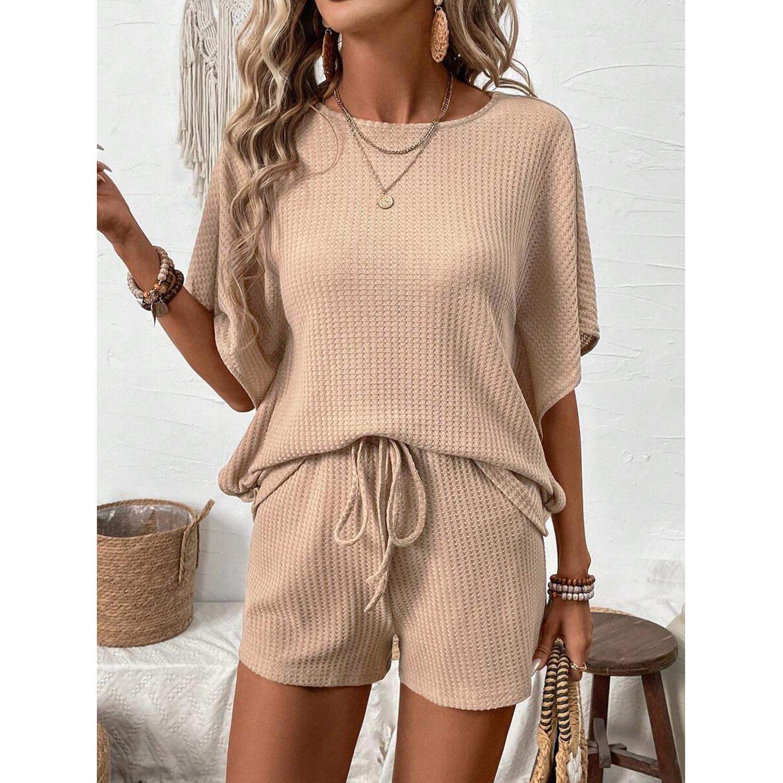 Women's 2-Piece Oversized Lightweight Basic Loose Waffle Knit Loungewear Set - Round Neck Batwing Sleeve Top, Adjustable Drawstring Elastic Shorts for Beach, Nightwear Tracksuit