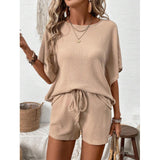 Women's 2-Piece Oversized Lightweight Basic Loose Waffle Knit Loungewear Set - Round Neck Batwing Sleeve Top, Adjustable Drawstring Elastic Shorts for Beach, Nightwear Tracksuit