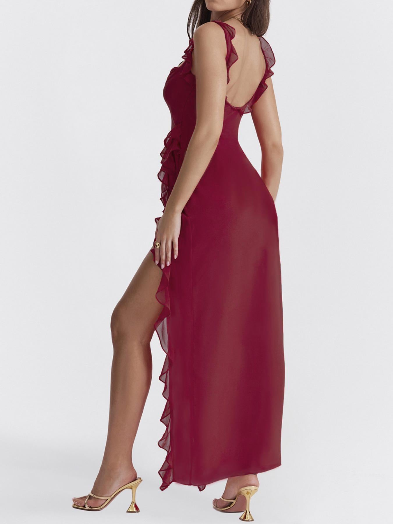 Women's French Chic Square Neck Polyester Sleeveless Spaghetti Strap Solid Color Long Maxi Dress - Lady's 1-Piece with Ruffle Detail, Thigh Split, Soft Romance, Instant Glam for Casual & Party Occasions