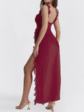 Women's French Chic Square Neck Polyester Sleeveless Spaghetti Strap Solid Color Long Maxi Dress - Lady's 1-Piece with Ruffle Detail, Thigh Split, Soft Romance, Instant Glam for Casual & Party Occasions