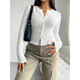 Women's Henley Neck Button-Down Long-Sleeve Cropped Blouse