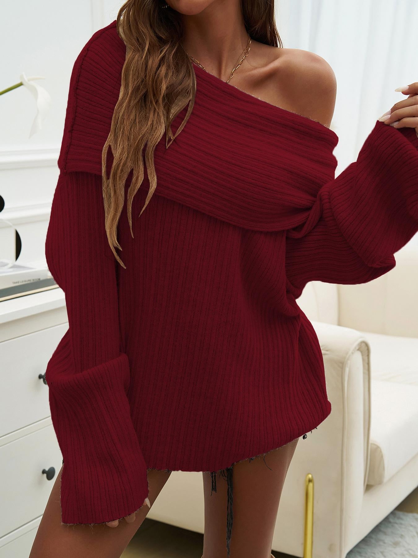 Women's Sexy Off-Shoulder Fold-Over Knit Sweater - Soft Fabric, Loose Fit, Oversized Long-Sleeve Ribbed Pullover for Fall Winter Tops