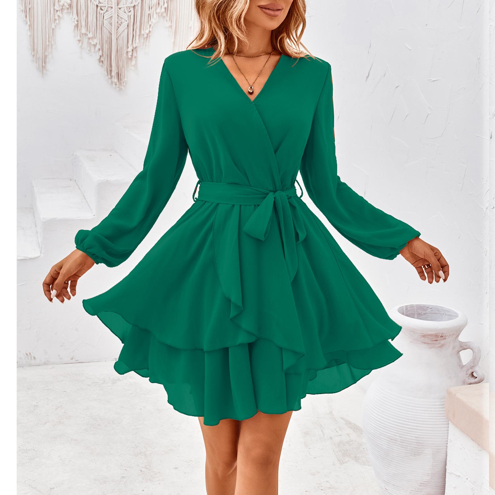 Women's Breathable Chic V-Neck Wrap Lantern Long-Sleeve Chiffon Dress - Belt Tie Waist, Layered Ruffle A-Line Mini Dress for Day, Evening, Casual Cocktail Occasions (Emerald Option Available)