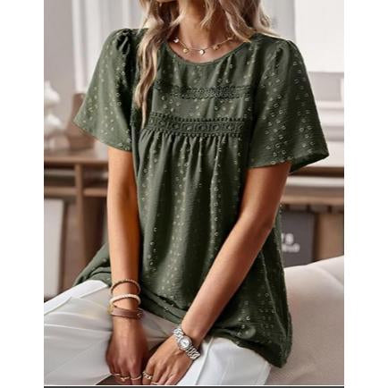 Women Swiss Dot Lace Tunic Top, Round Neck Puff Short Sleeve Loose Flowy Boho Blouse Casual Summer Shirt