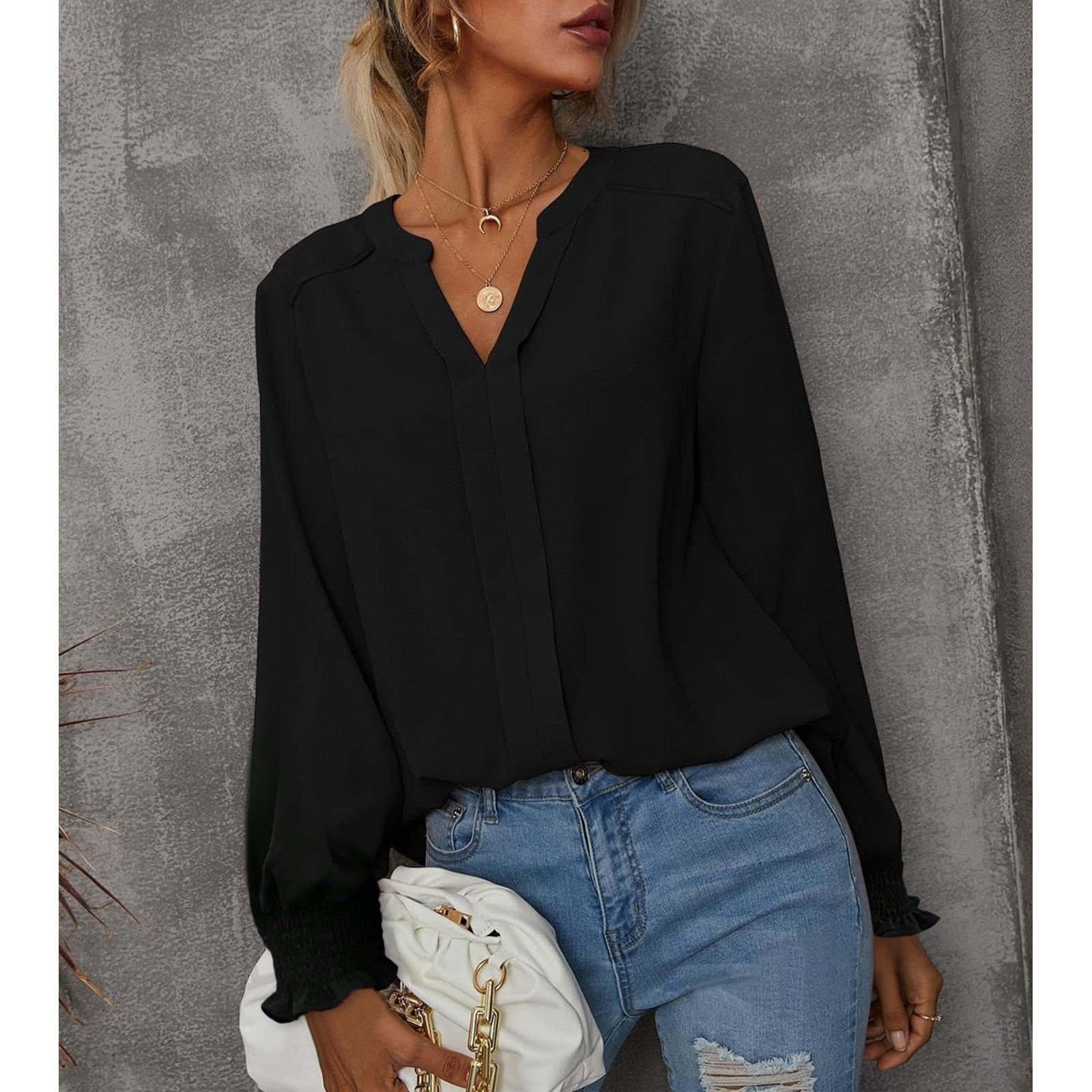 Women's V Neck Chiffon Blouse, Long Sleeve Smocked Cuff Flowy Casual Work Top, Loose Fit Dressy Shirts for Women