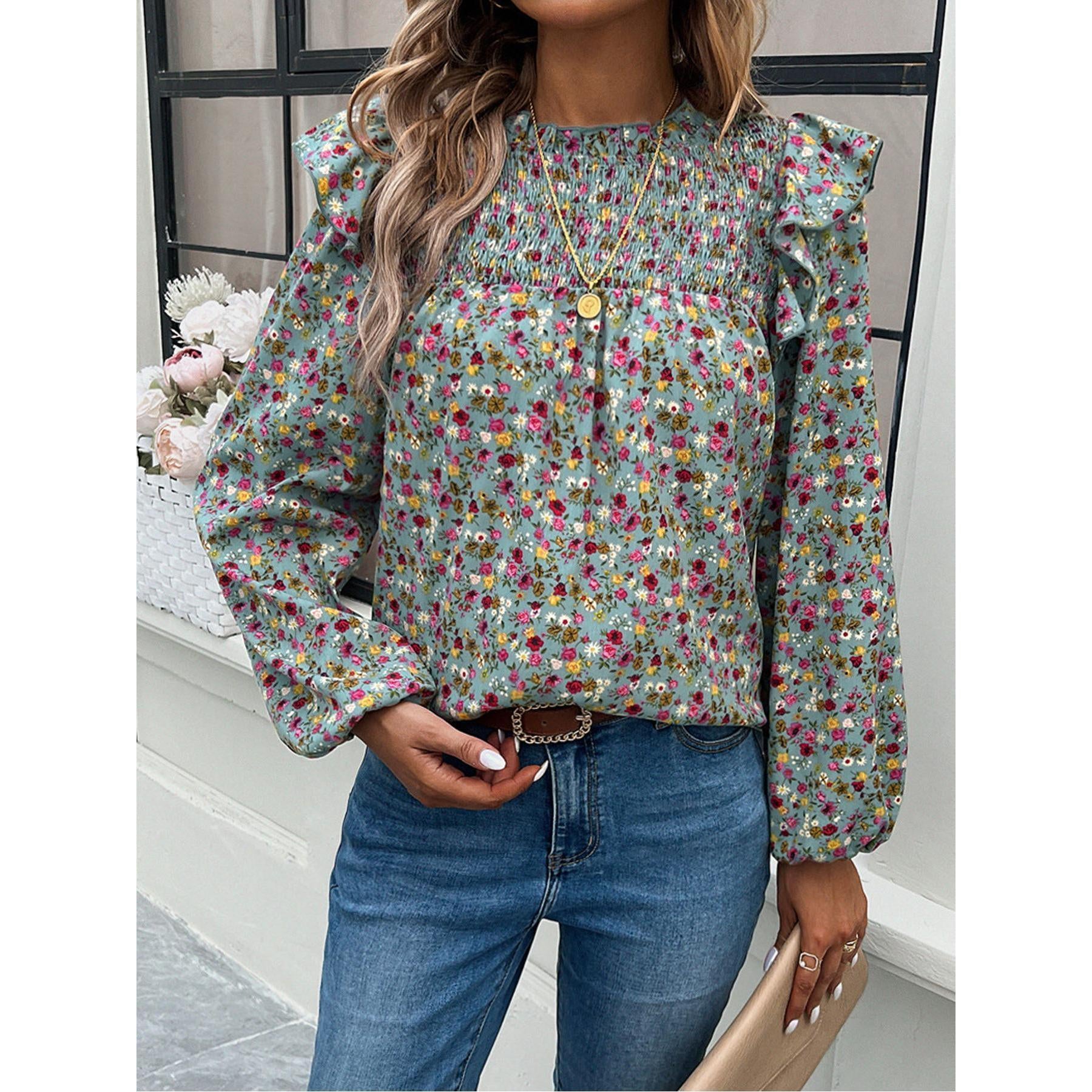 Women's Gorgeous Ditsy Floral Print Polyester Blouse - Smocked Mock Neck, Ruffle Balloon Long Sleeves, Everyday Bohemian Casual Shirt