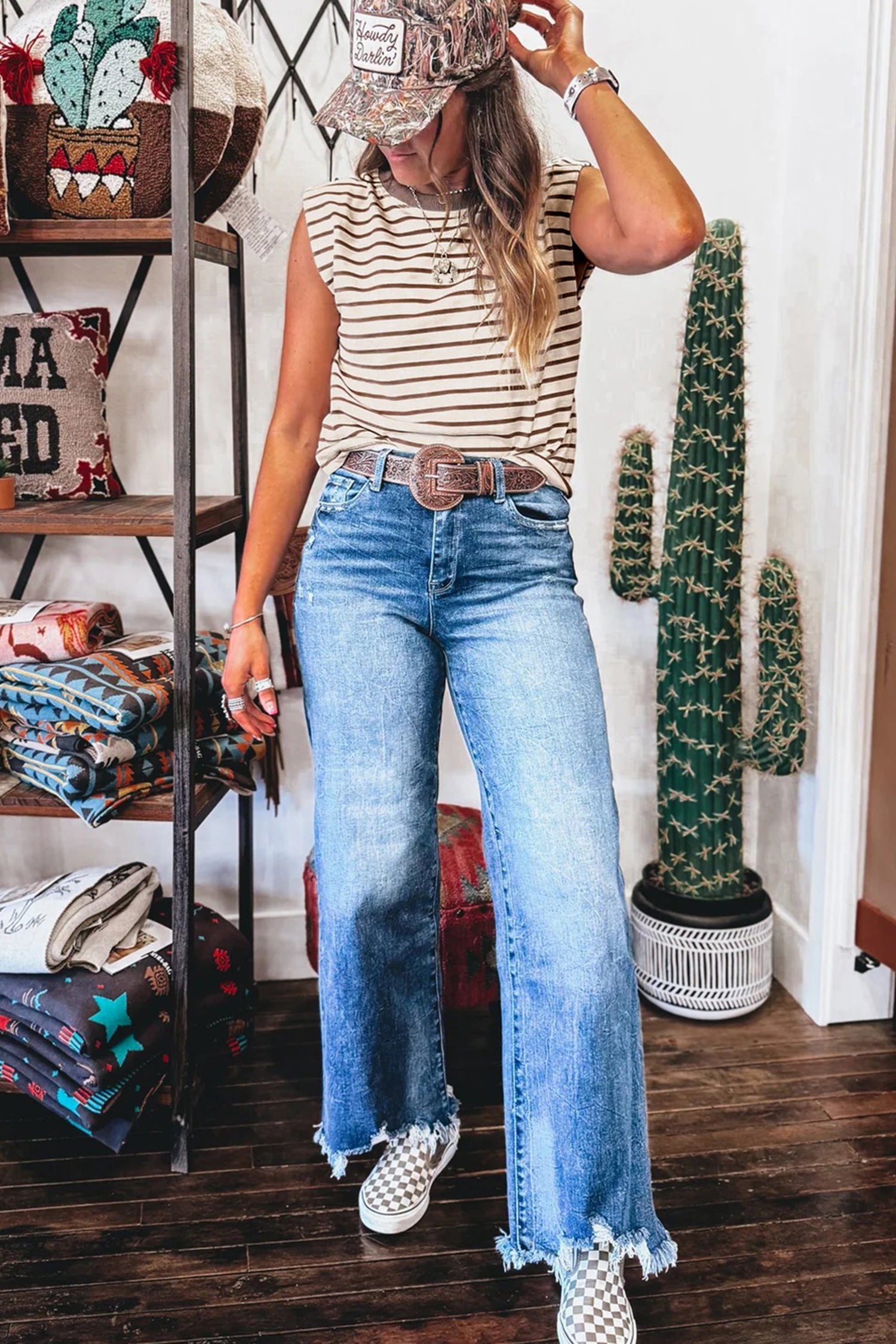 Red Stripe Ribbed Round Neck Trim Loose Tank Top