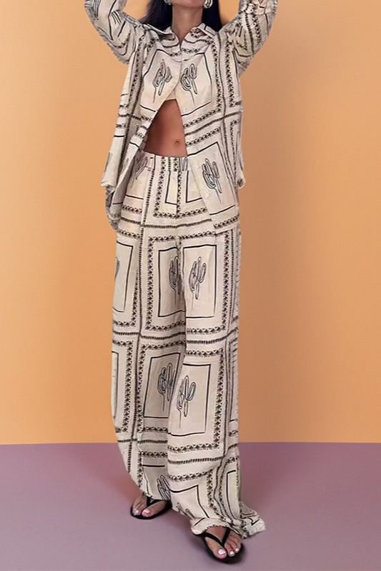 Women's Casual Printed Shirt Trousers Fashion Set