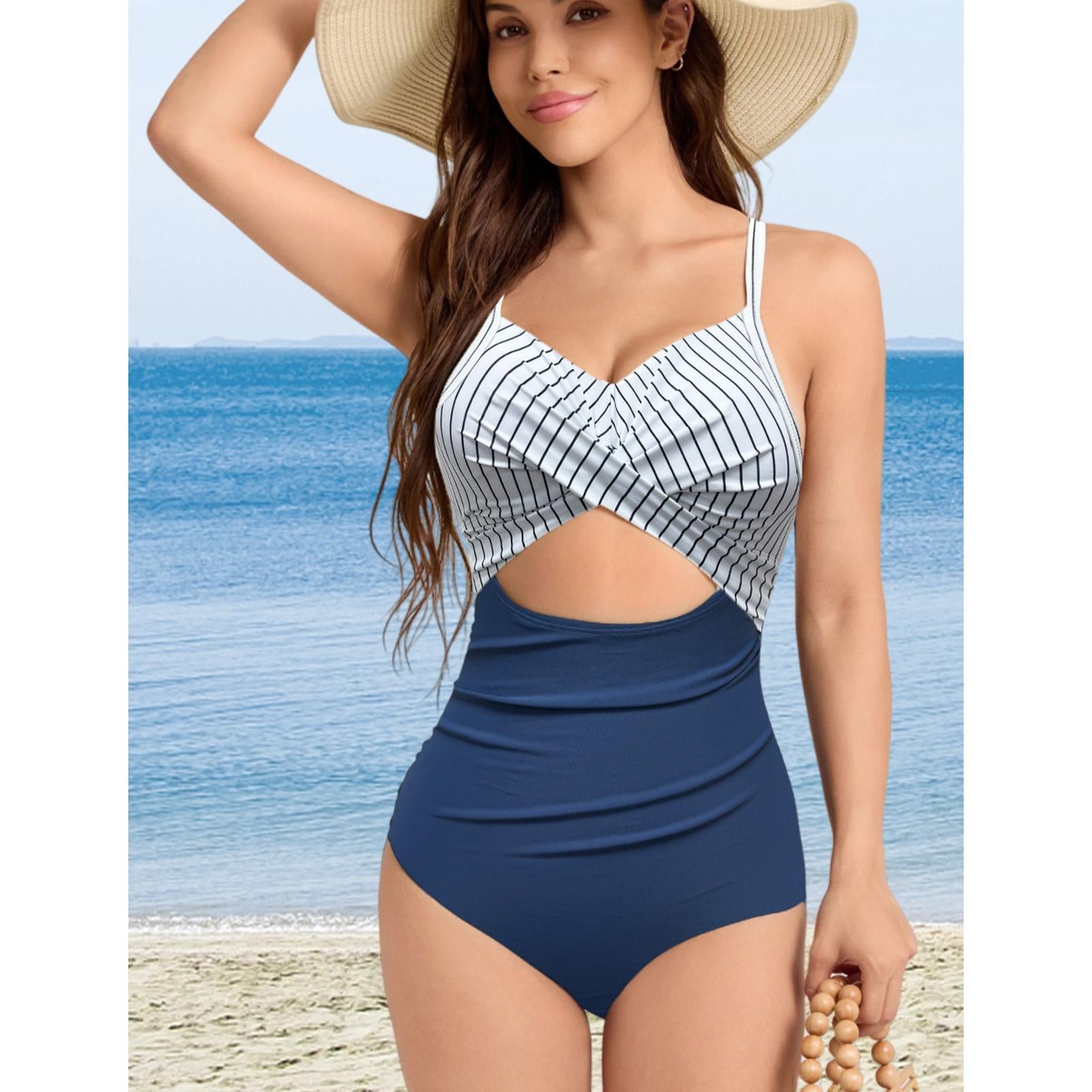 Women's Solid Color Hollow-Out Cut-Out Stretchable Synthetics Sleeveless Elastane 1-Piece Swimsuit - Quick Dry, Breathable, Fitted Streamlined Cut Beachwear Swimdress, Hand Wash Only for Beach Vacations