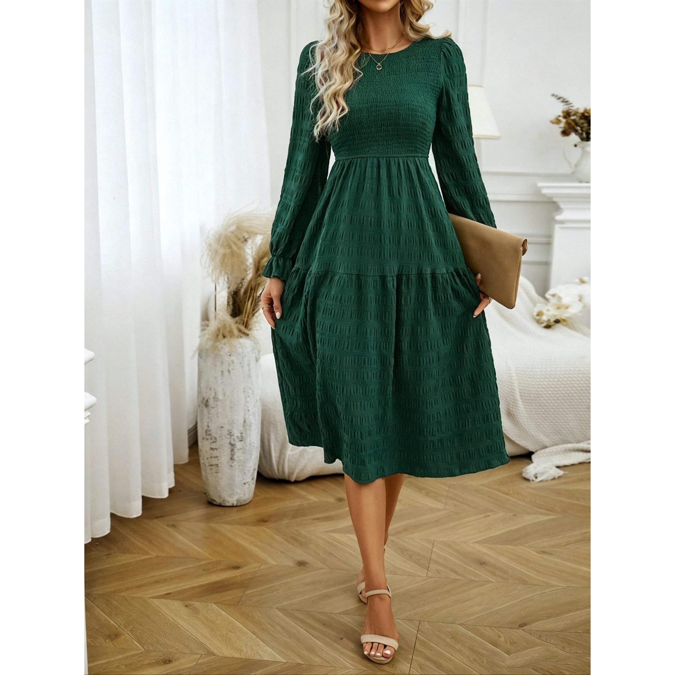 Women's Long-Sleeve Smocked Woven Midi Dress - Round Neck, Tiered Ruffle, Flowy A-Line, Lightweight Feminine Gorgeous Textured Casual Everyday Wear for Fall Wedding Guests (Strappy Detailing Option)