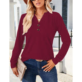Women's Breathable Henley Long-Sleeve V-Neck Button-Decor Casual Loose Solid Minimalist Tunic Blouse, Everyday Hip Fall Basic Top for Layering Under Jackets