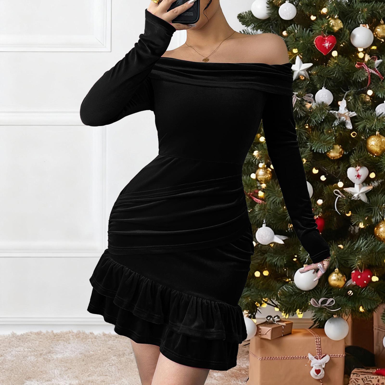 Women’s Burgundy Velvet Off-Shoulder Long-Sleeve Ruffle Hem Mini Formal Party Dress - For Christmas, New Year’s Eve