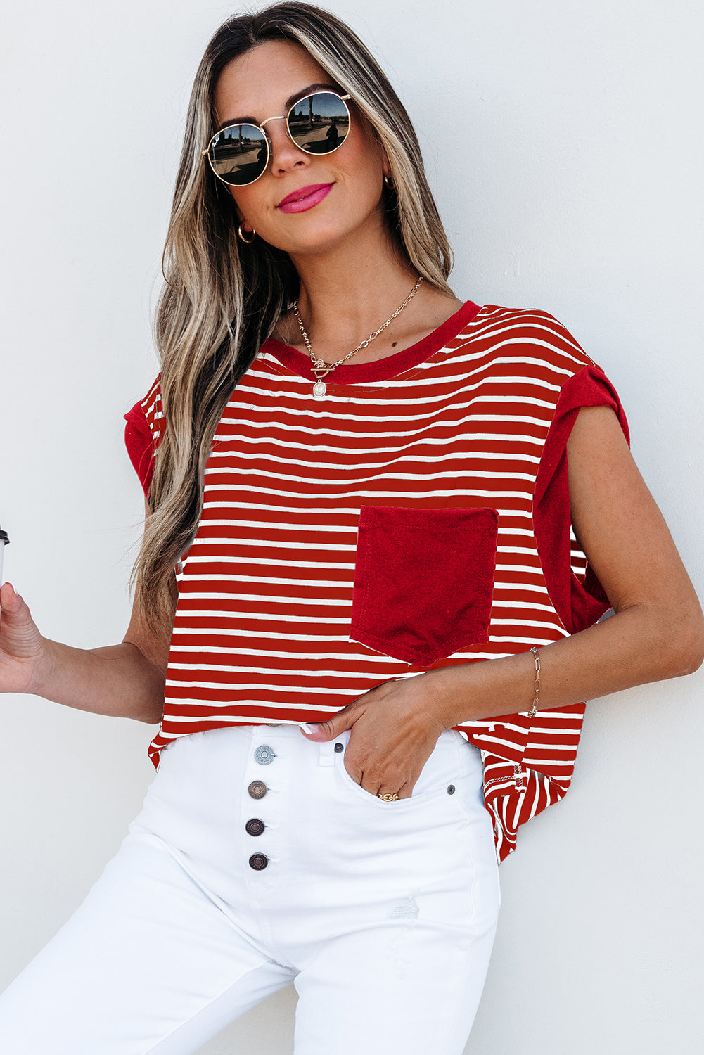 Black Stripe Chest Pocket Patch Round Neck Tank Top