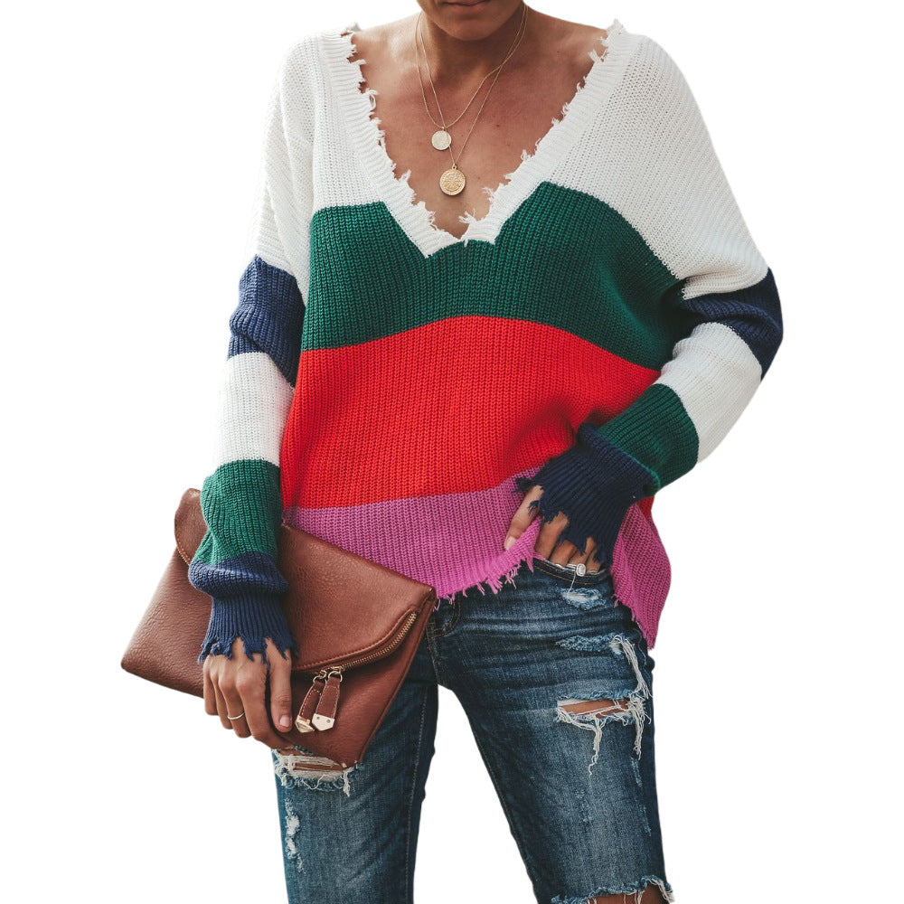 Women's Splicing Sweater V-neck Knitted Sweater