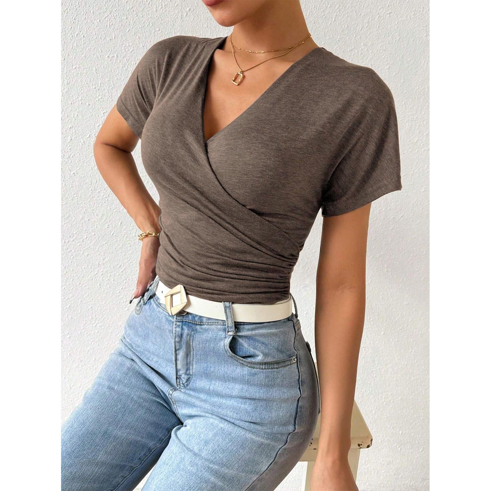 Women Surplice Wrap V Neck Short Sleeve Top, Ruched Waist Slim Fit Casual Solid Color Tee, Summer Elegant T Shirt Blouse for Daily Outing
