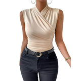 Women Sleeveless Wrap Mock Neck Top, Cross V Front Ruched Slim Fit Stretch Solid Color Tank Top for Going Out Daily Wear