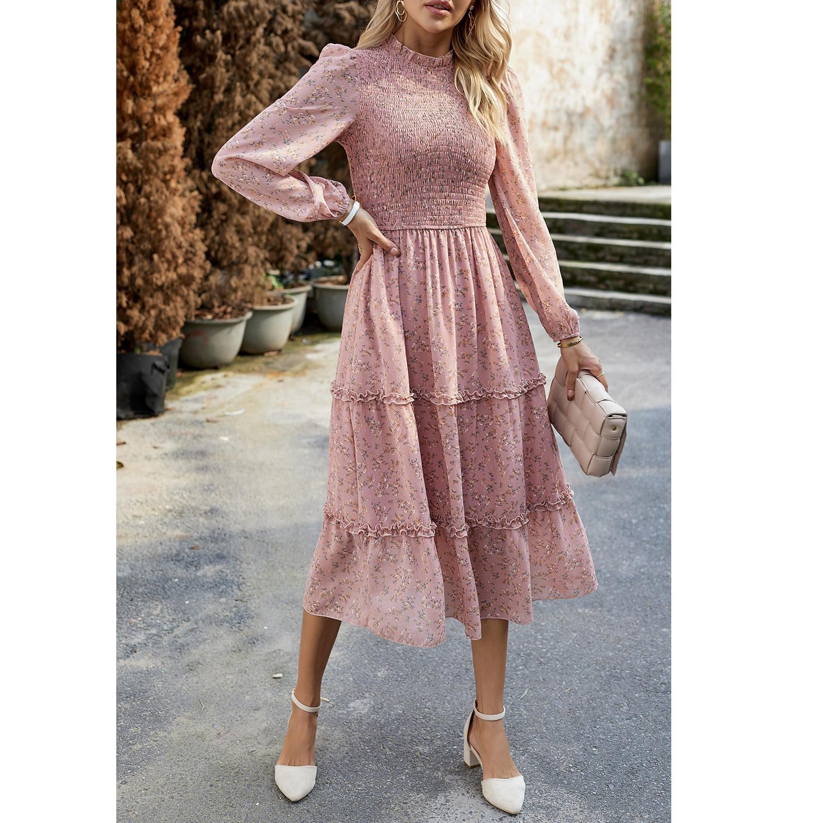 Women's Ditsy Floral Chiffon Midi Dress, Long Sleeve High Neck Smocked Tiered Ruffle Flowy Boho Dress for Spring Fall