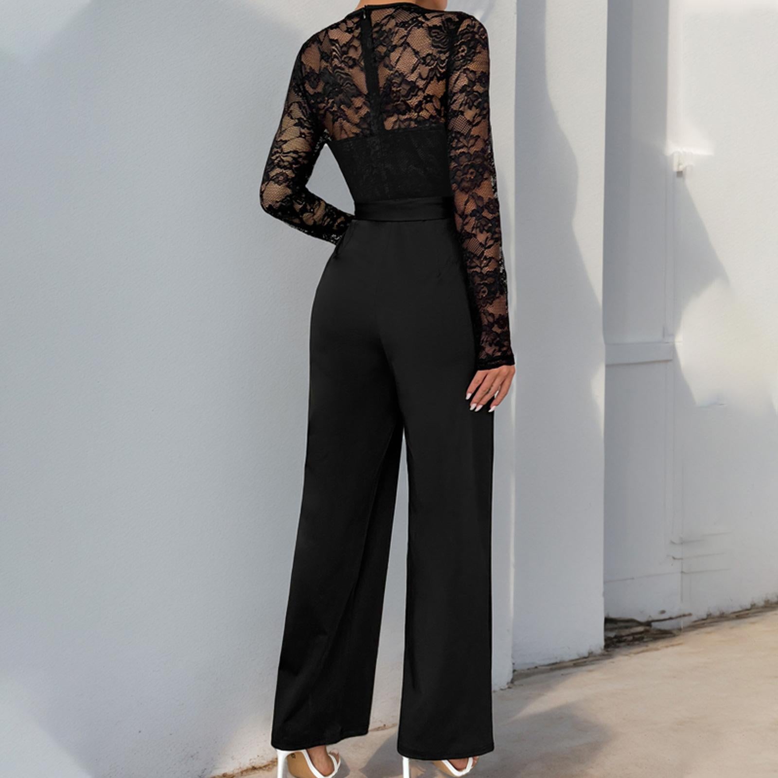Elegant Lace Long Sleeve Jumpsuit for Women, Belted High Waist Wide Leg Formal Romper, Evening Party Wedding Guest Outfit